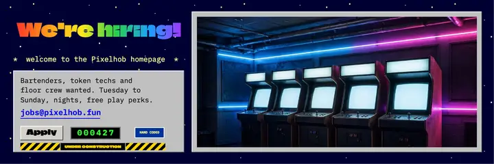 Arcade bar hiring header, 90s web homepage template