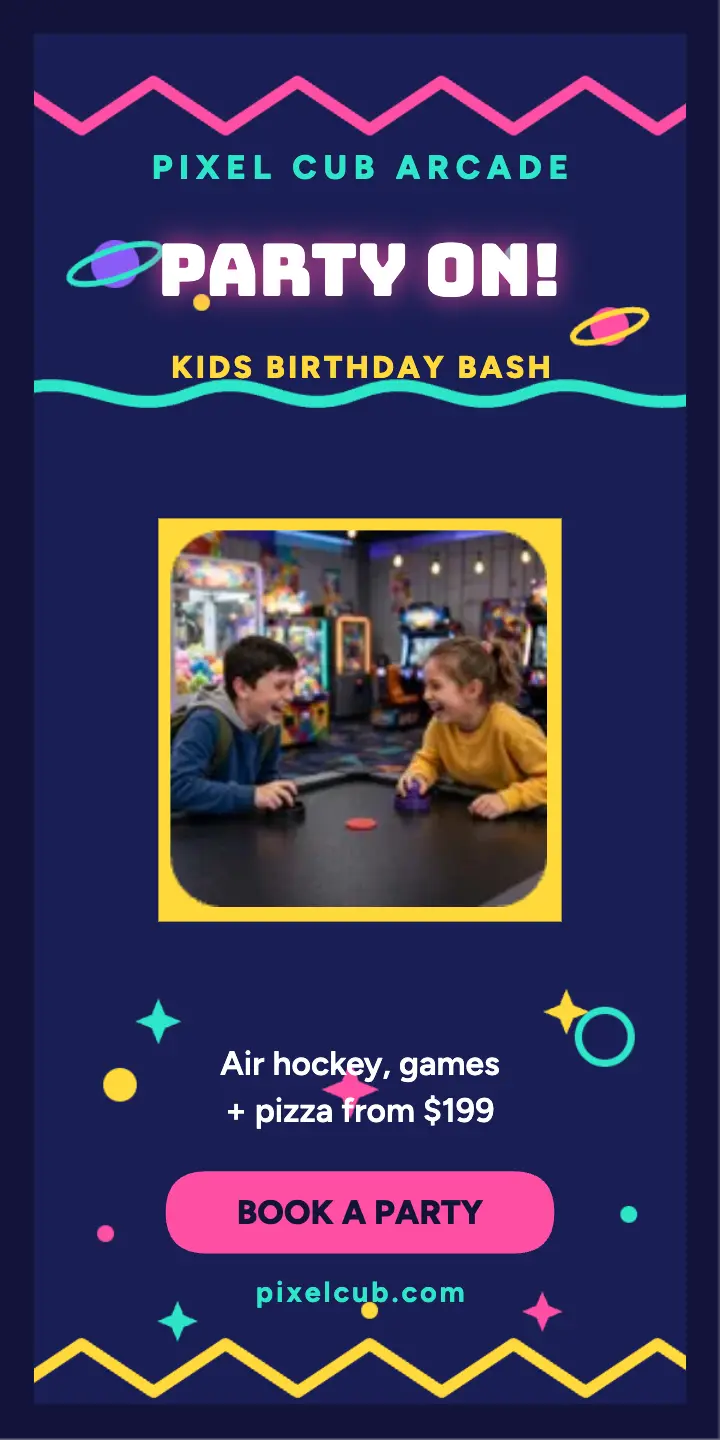 Pixel Cub arcade birthday half page ad template