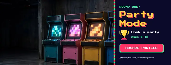 Glitchberry Arcade birthday parties cover template