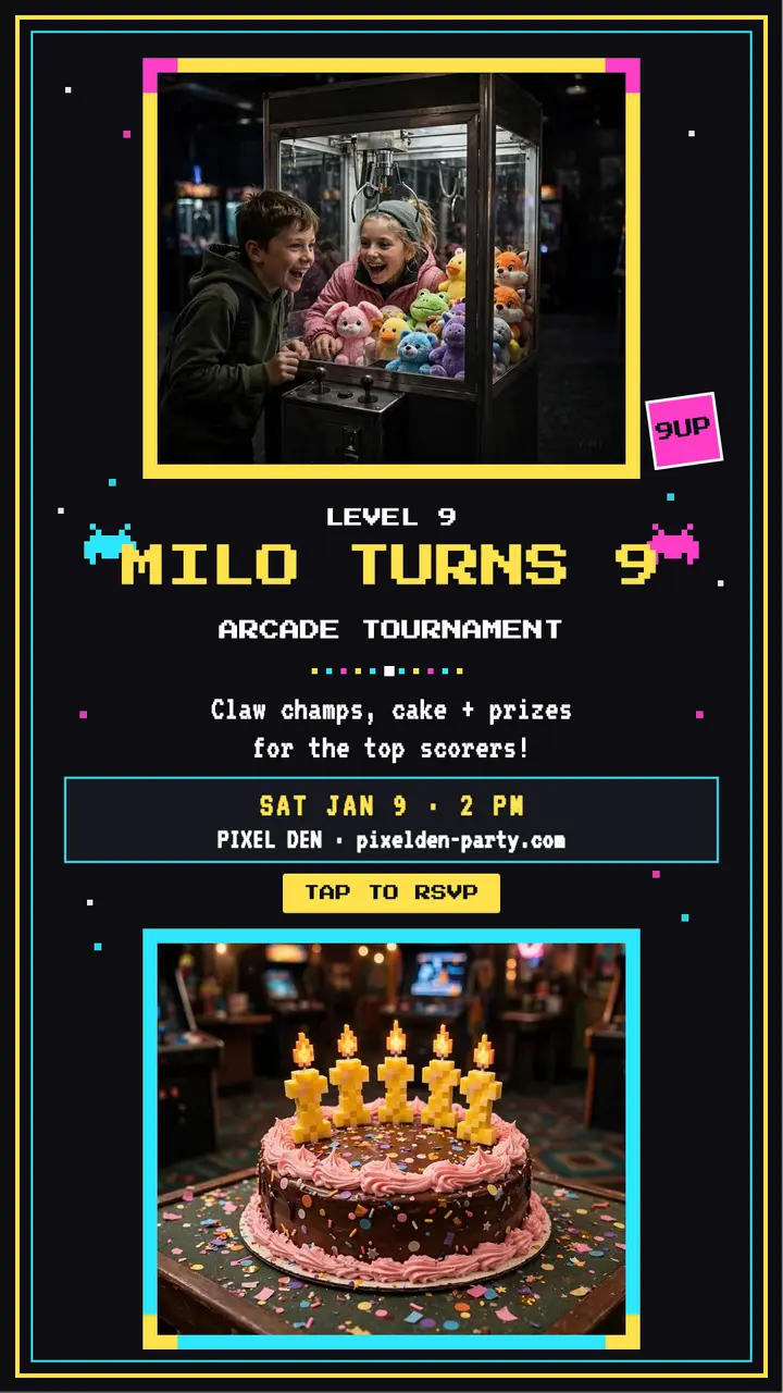 Milo's arcade birthday tournament story template