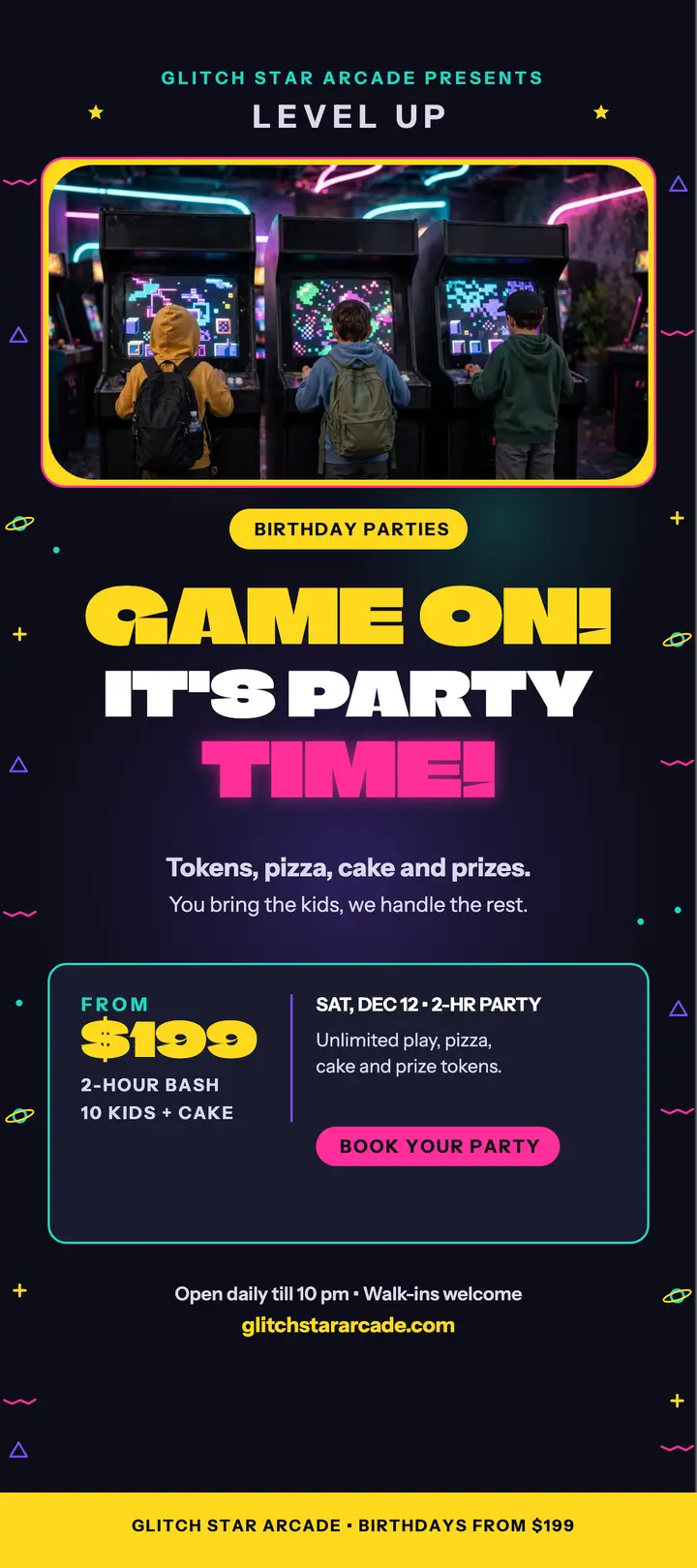 Glitch Star Arcade birthday rack card template