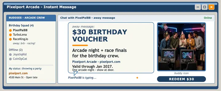 Pixelport arcade birthday voucher IM window: arcade birthday gift voucher template