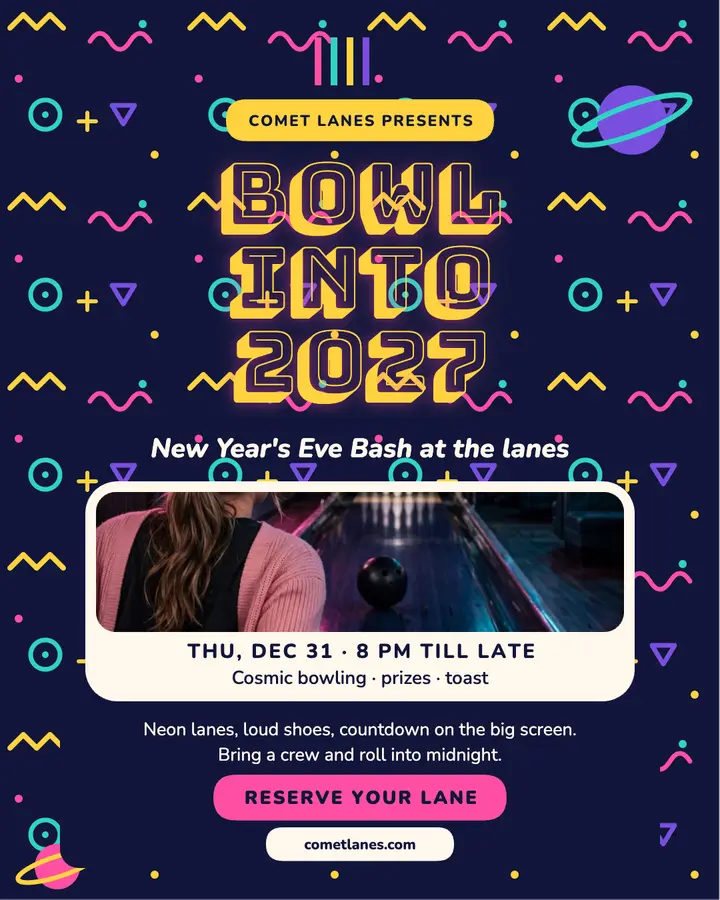 Comet Lanes New Year bash post: bowling new year post template