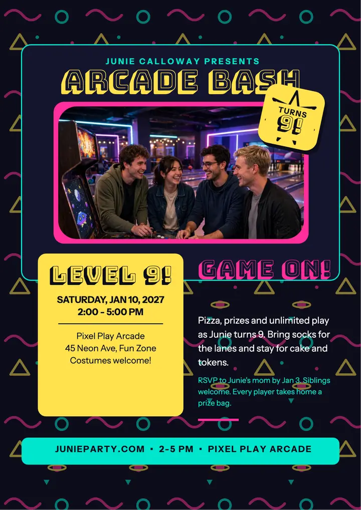Junie arcade carpet birthday flyer template
