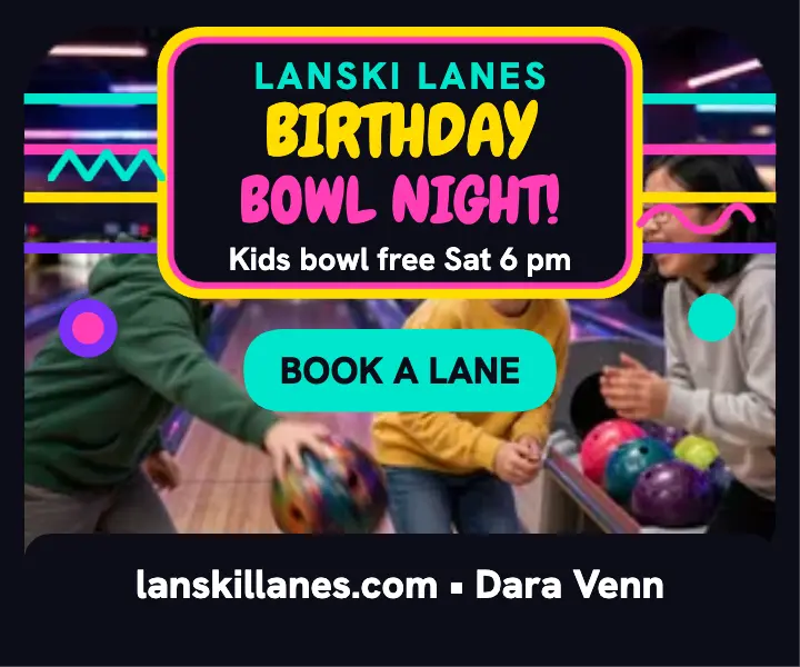Lanski Lanes birthday bowl night ad template