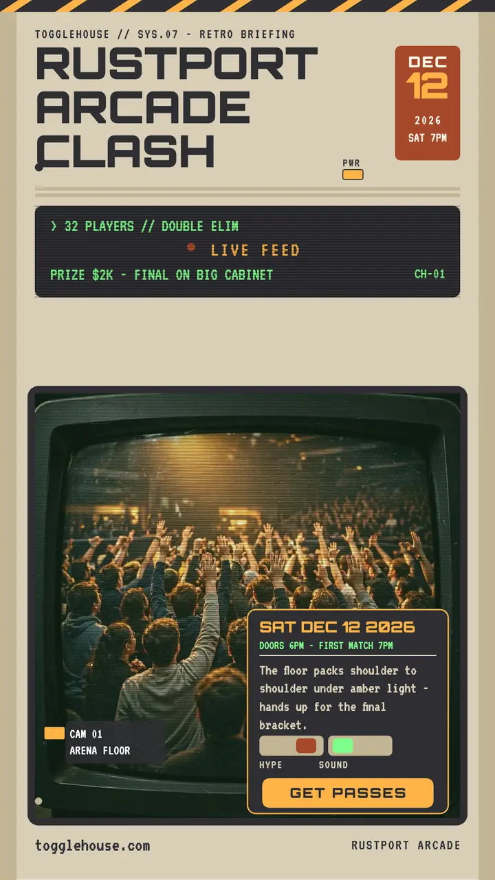 Rustport Arcade Clash console story: gaming tournament story template
