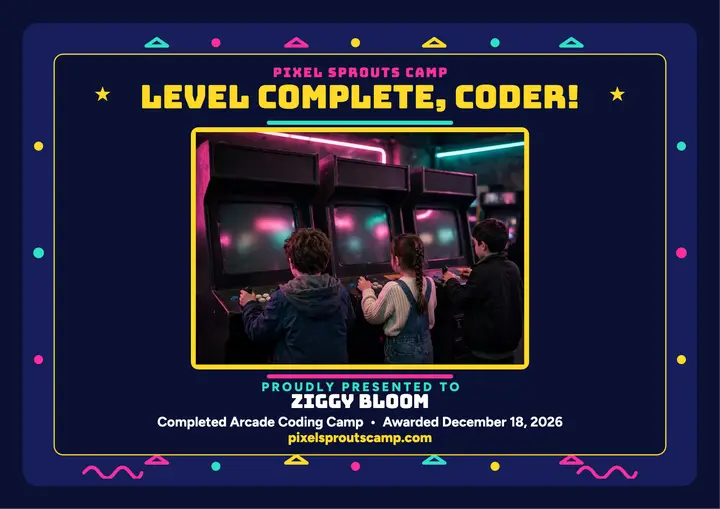 Pixel Sprouts arcade coding camp certificate: coding camp certificate template