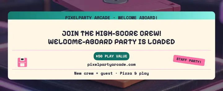 Pixelparty Arcade welcome crew voucher: arcade hiring voucher template