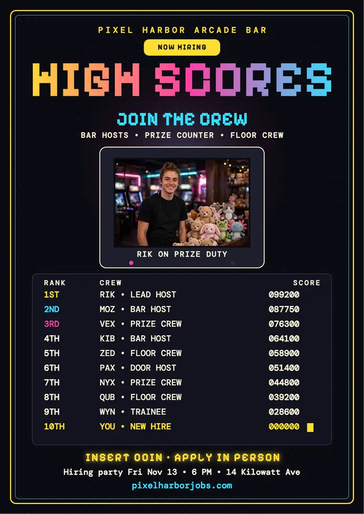 Pixel Harbor arcade crew high-score flyer template