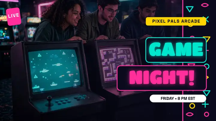 Pixel Pals arcade game night thumbnail template