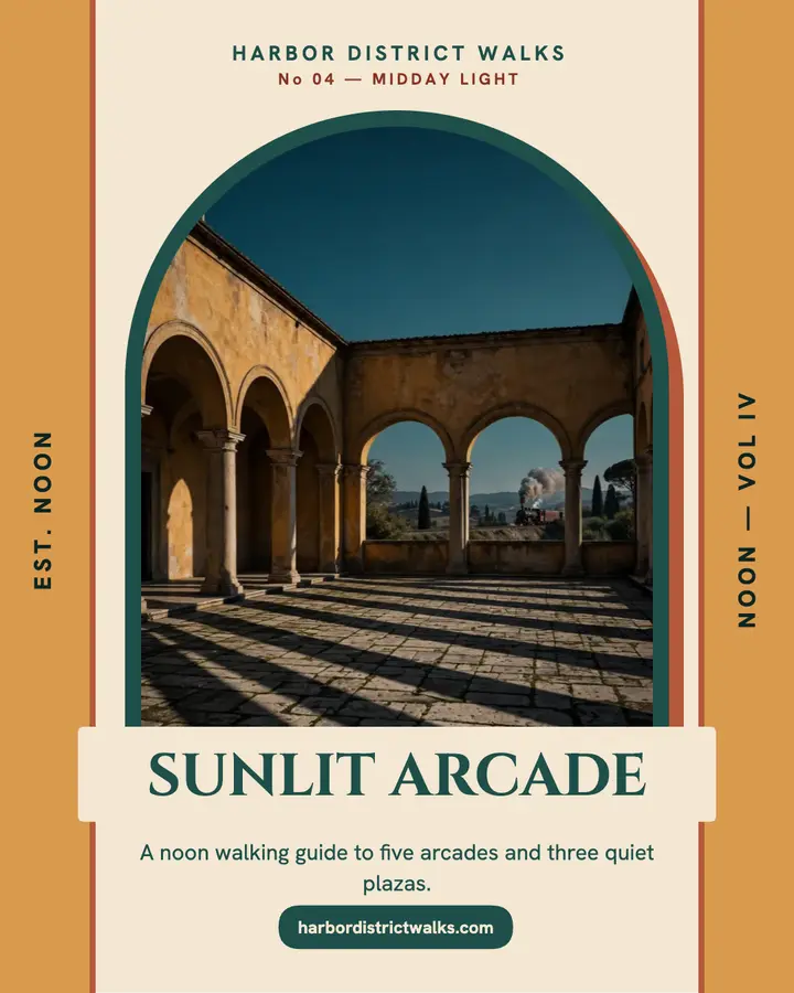 Sunlit arcade walking guide post: travel guide post template