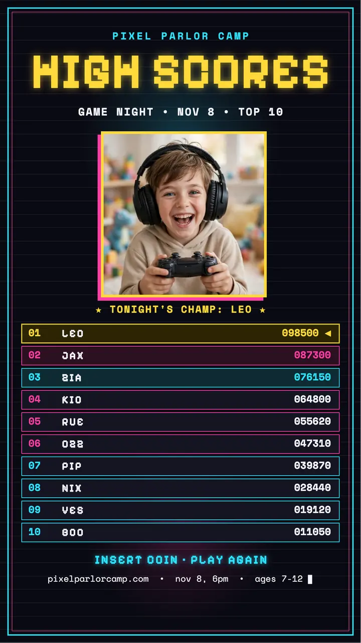 Pixel Parlor game night top 10 story template