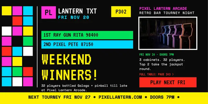 Pixel Lantern arcade scores teletext post: arcade tournament post template