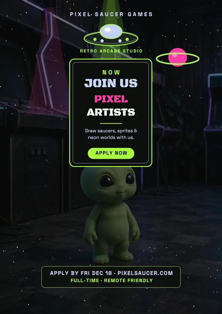 Pixel Saucer Games hiring pixel artists flyer template