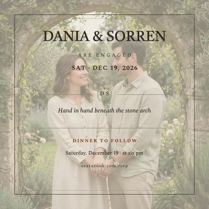 Dania and Sorren arch engagement post: engagement announcement post template