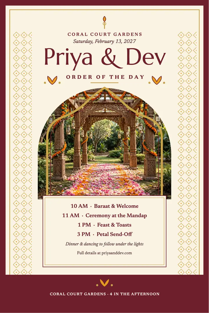 Priya and Dev order of the day poster: wedding order of day poster template