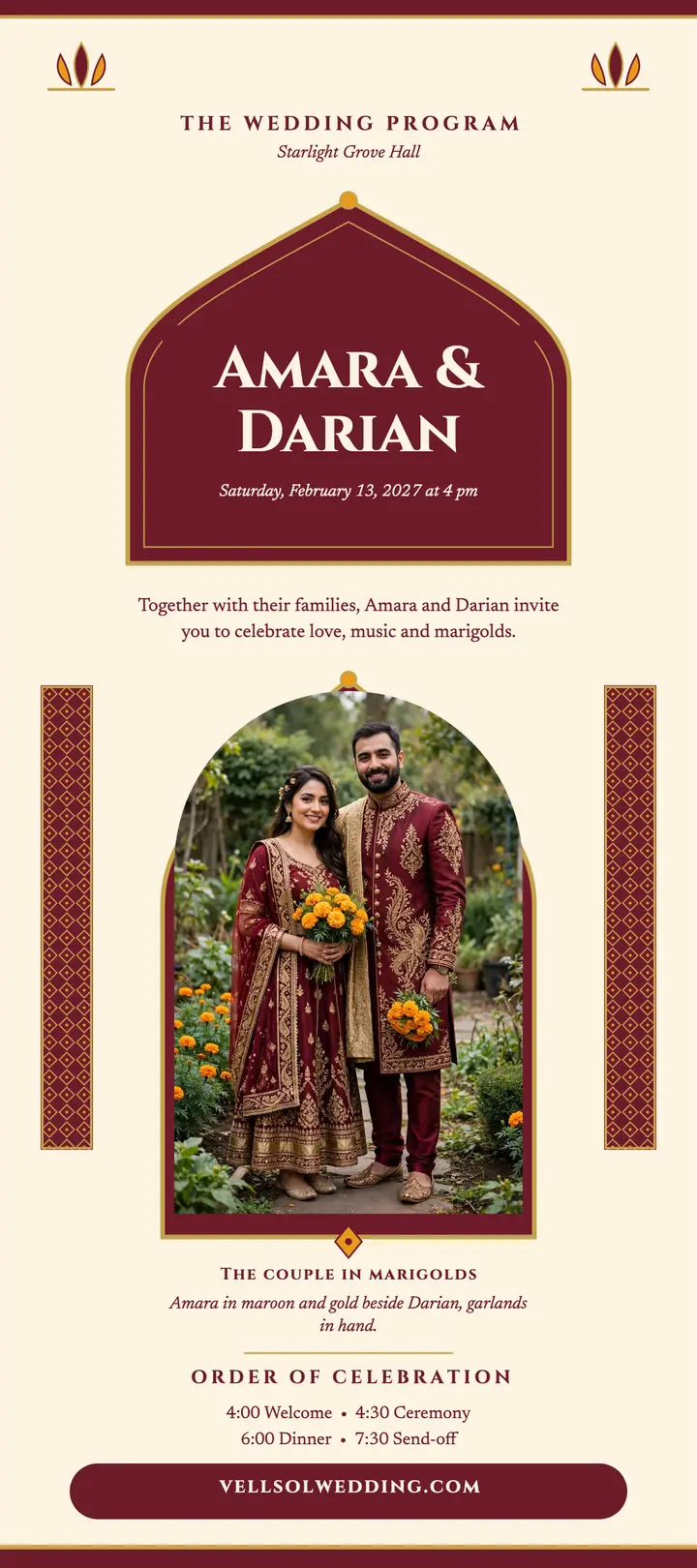 Amara and Darian arch wedding program: wedding program rack card template
