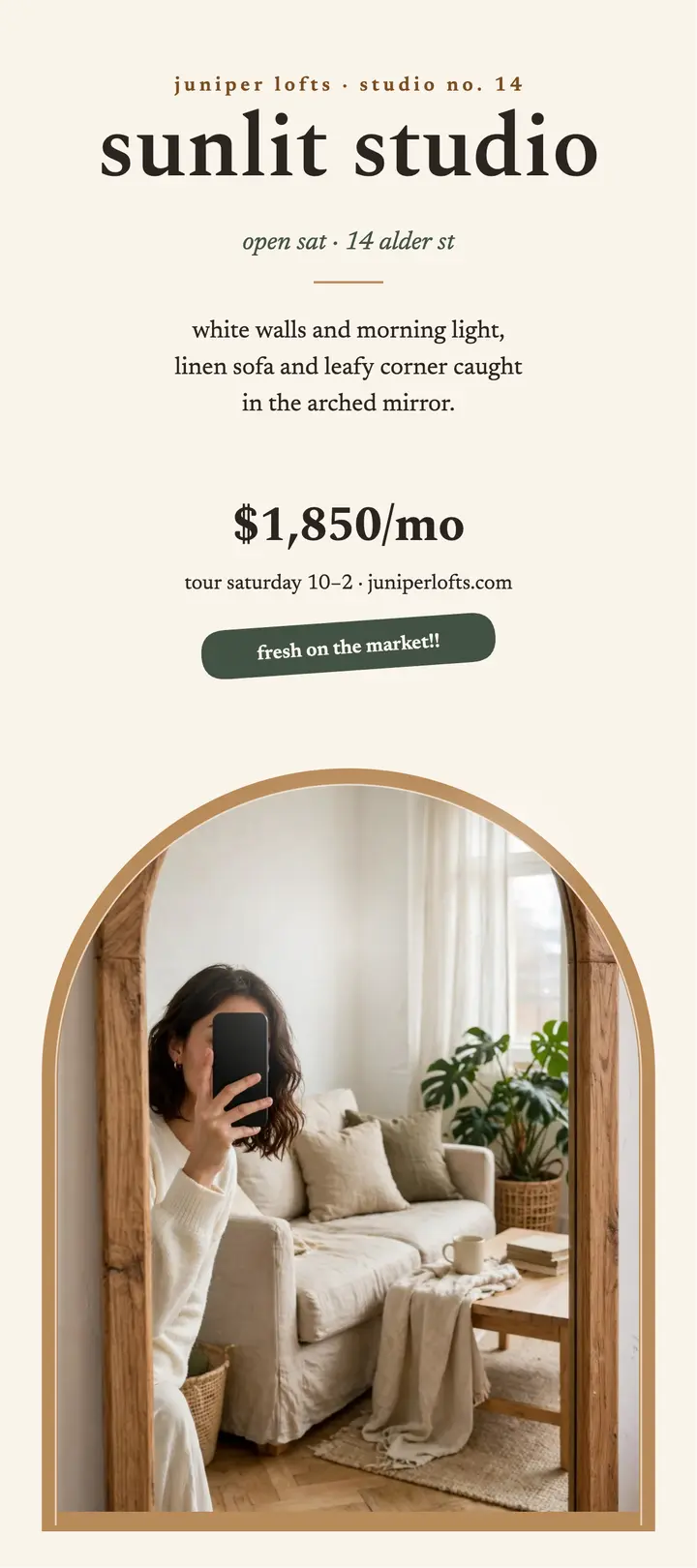 Sunlit studio rack card, arched mirror template