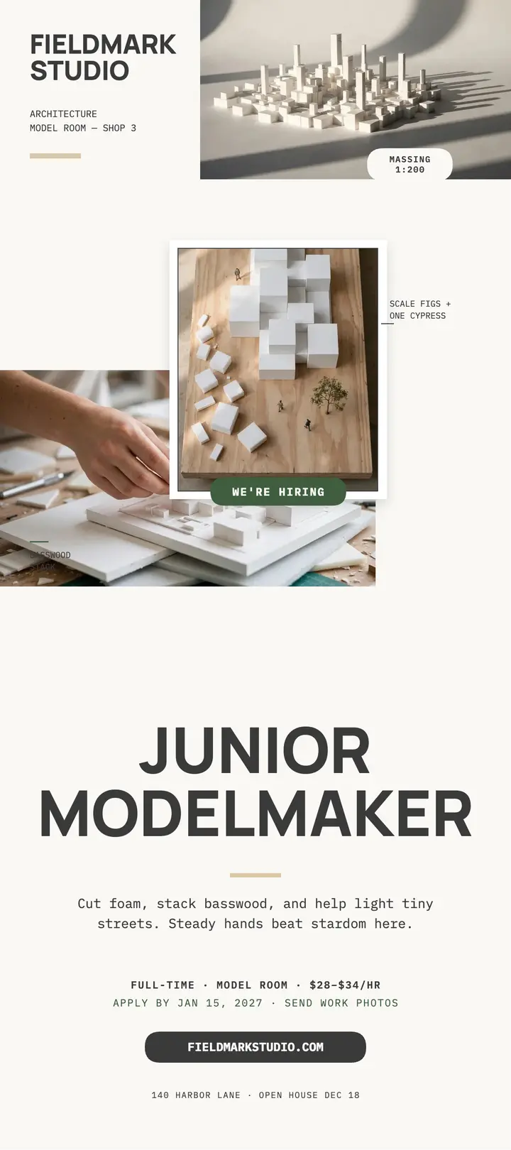 Fieldmark Studio hiring card, model room: architecture hiring card template