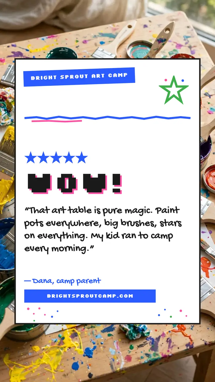 Bright Sprout art camp testimonial paint story template