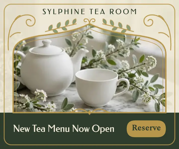 Sylphine Tea Room new menu ad, art nouveau template