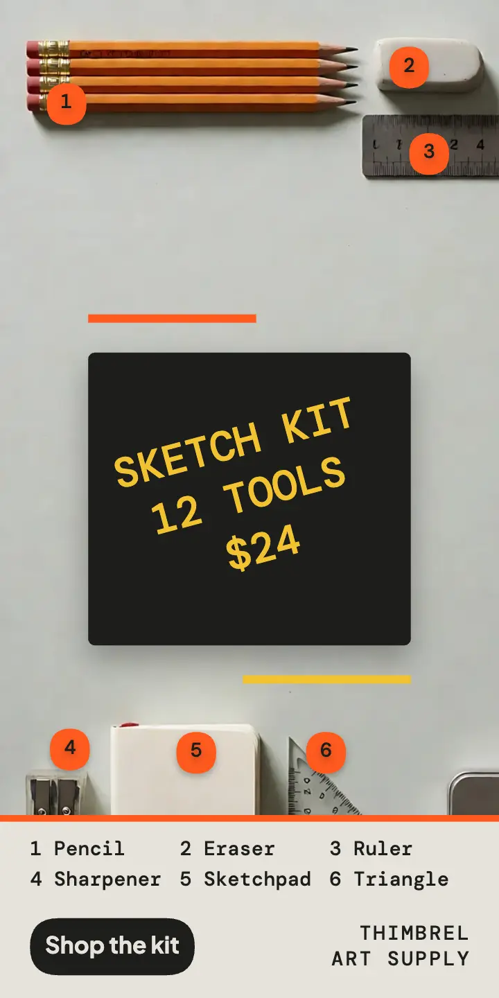 Thimbrel Art Supply sketch kit half-page ad: art supply ad template