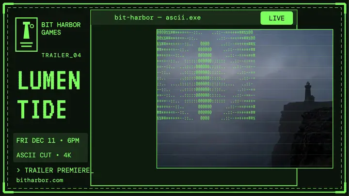Bit Harbor Lumen Tide ASCII trailer thumbnail template