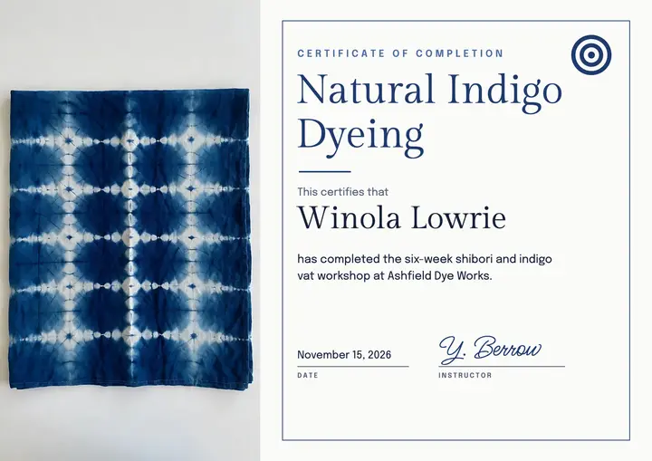 Indigo dyeing workshop certificate, shibori cloth template