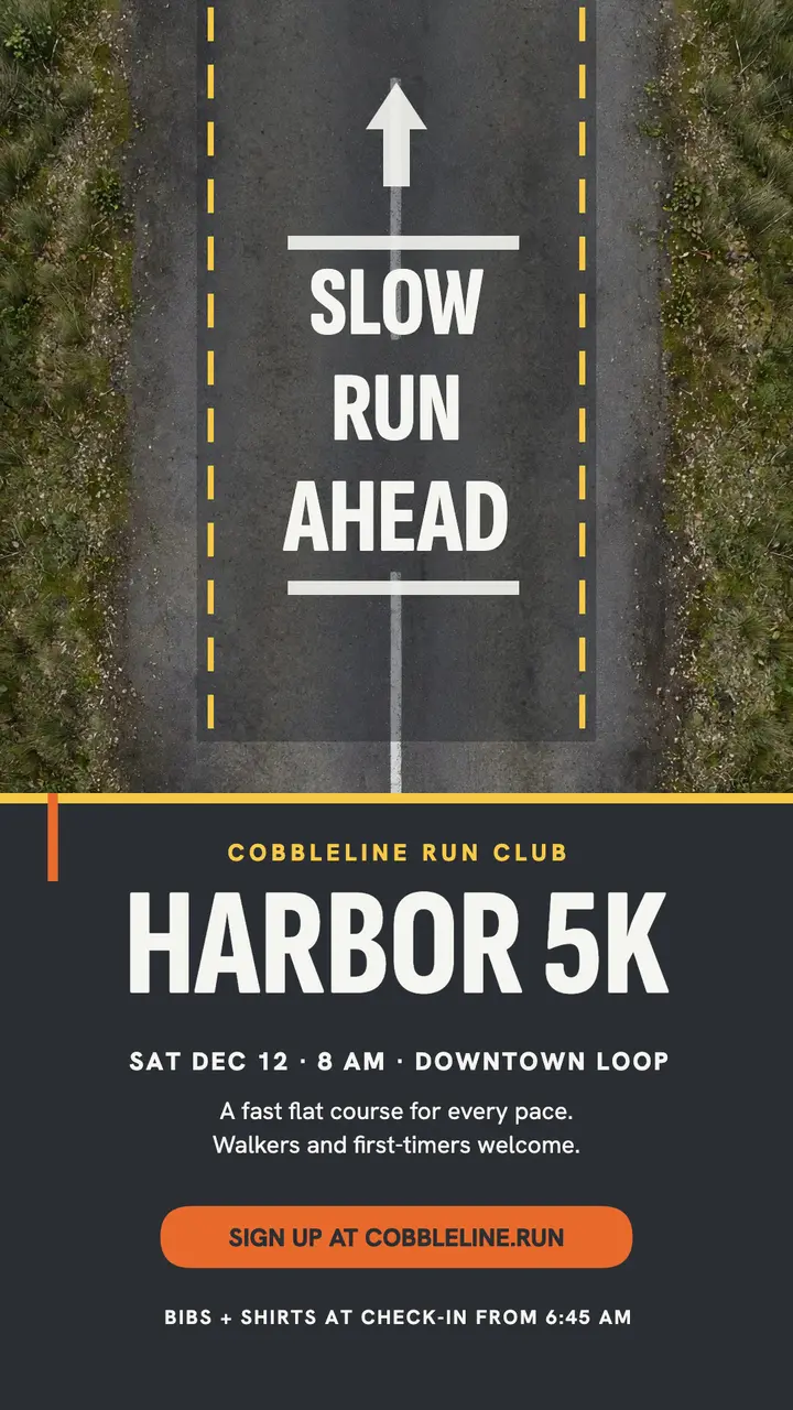 Cobbleline Harbor 5K road letters story template