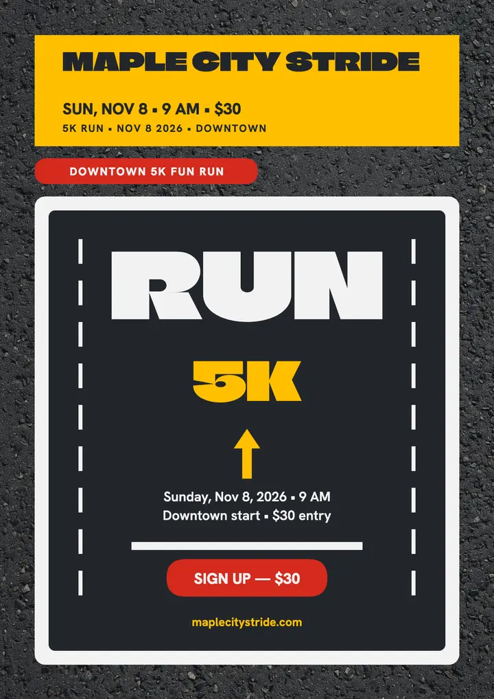 Maple City Stride 5K asphalt run flyer template