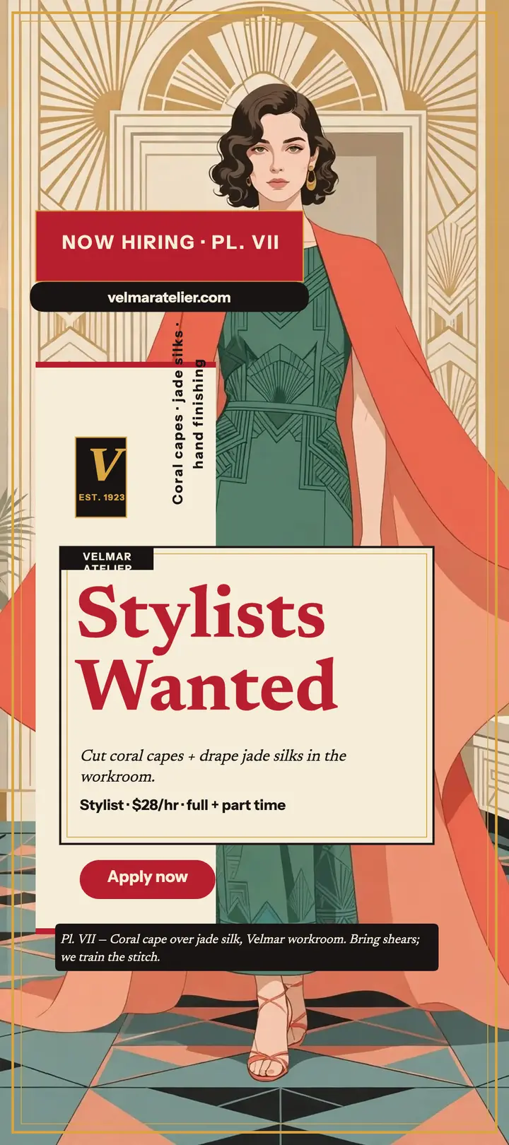 Velmar Atelier stylists wanted plate: atelier hiring card template