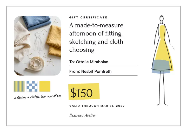 Holiday gift certificate for a made-to-measure atelier, Ilsabeau Atelier template
