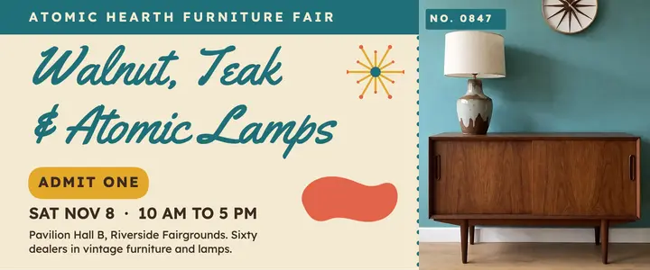 Atomic Hearth furniture fair ticket, mid-century modern template