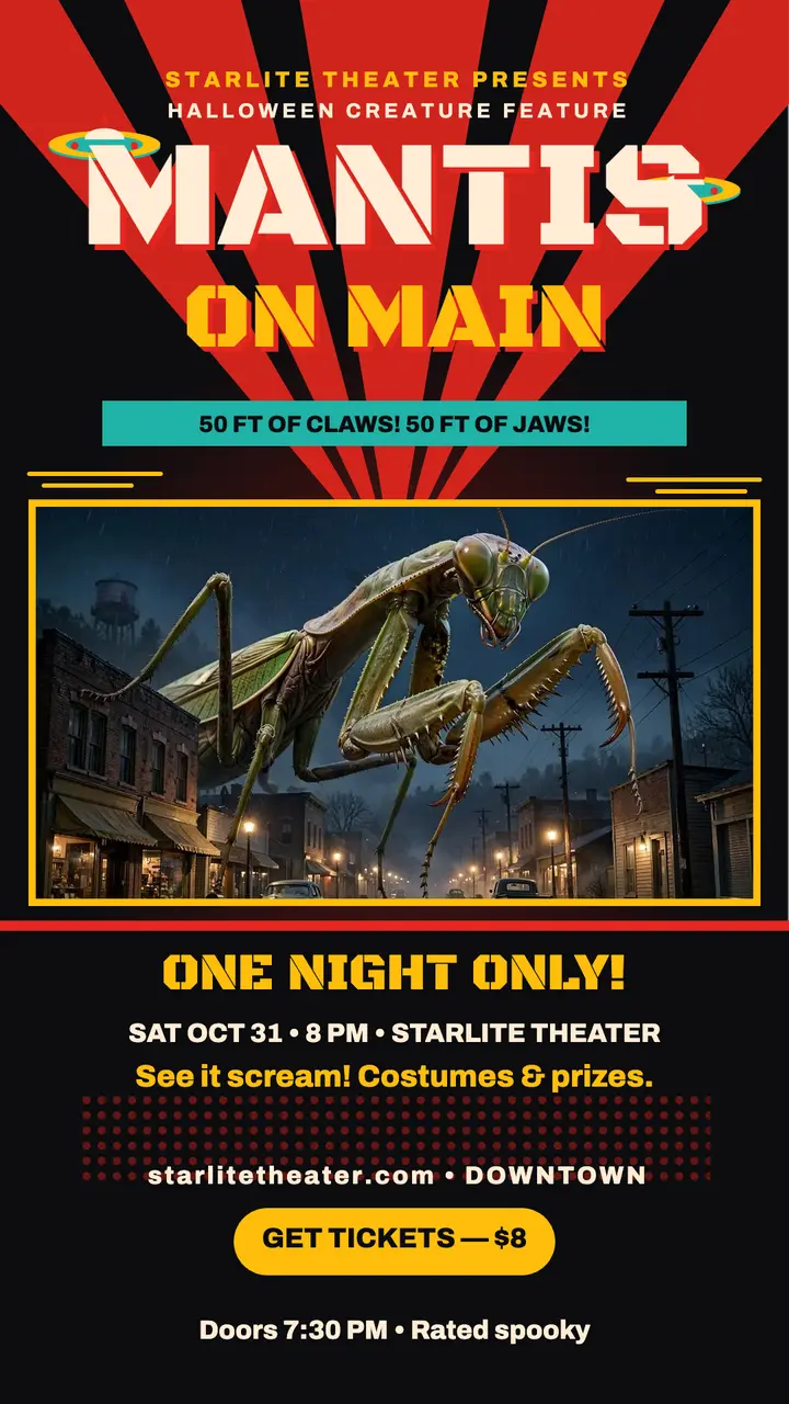 Mantis on Main Halloween screening story template