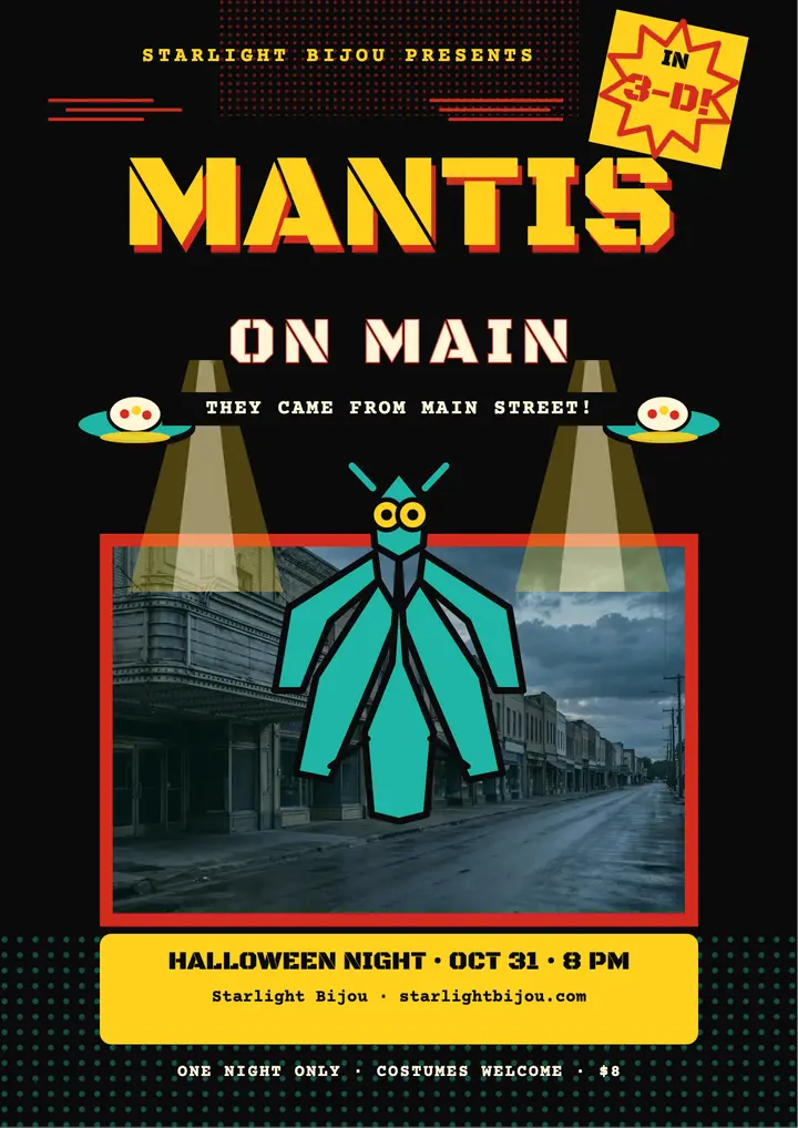 Mantis on Main B-movie night flyer template