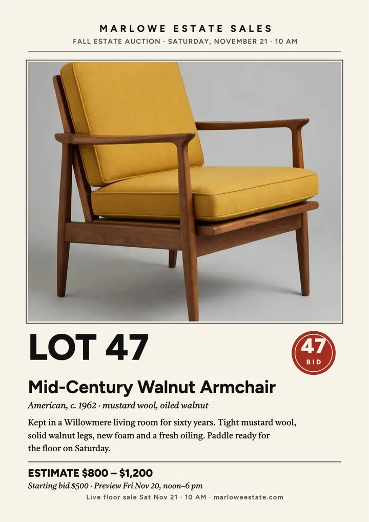 Marlowe estate auction armchair flyer template