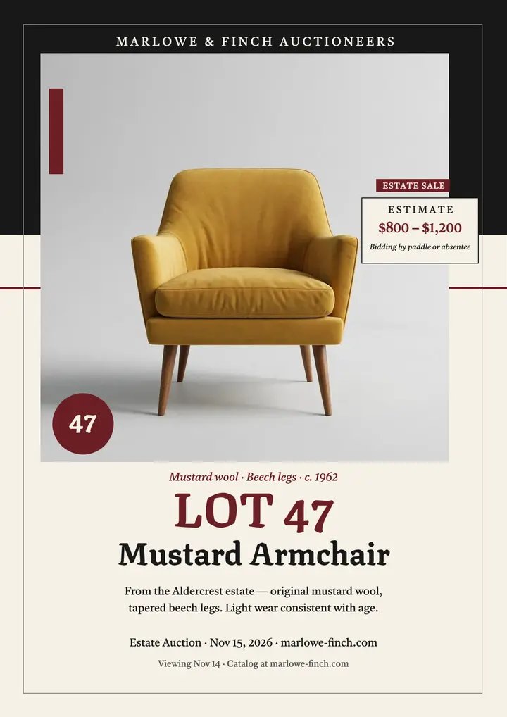 Marlowe and Finch armchair auction flyer template