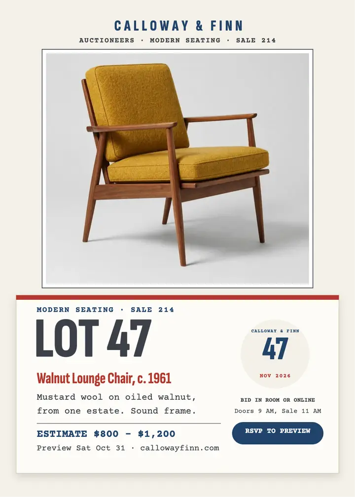 Lounge chair auction lot invite template