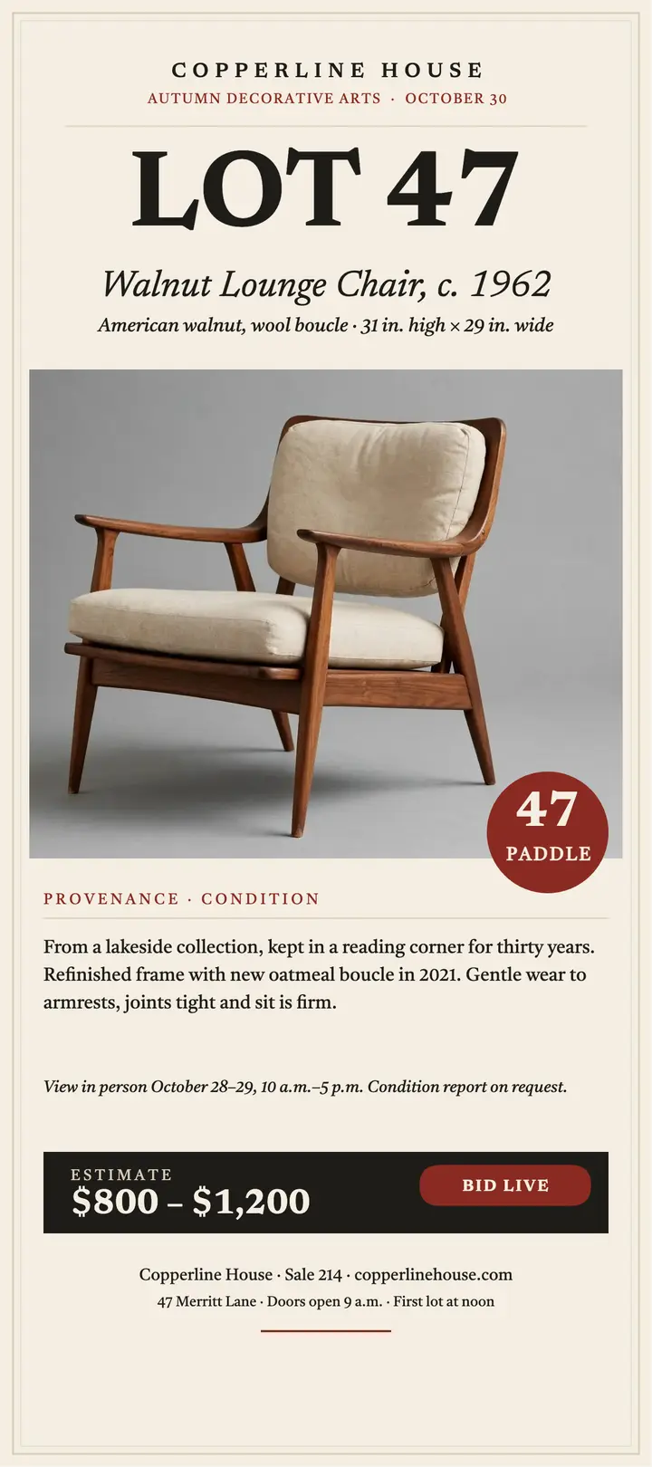 Copperline House lot 47 chair rack card: auction lot card template