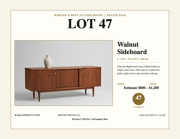 Harlow lot sideboard estate auction flyer template