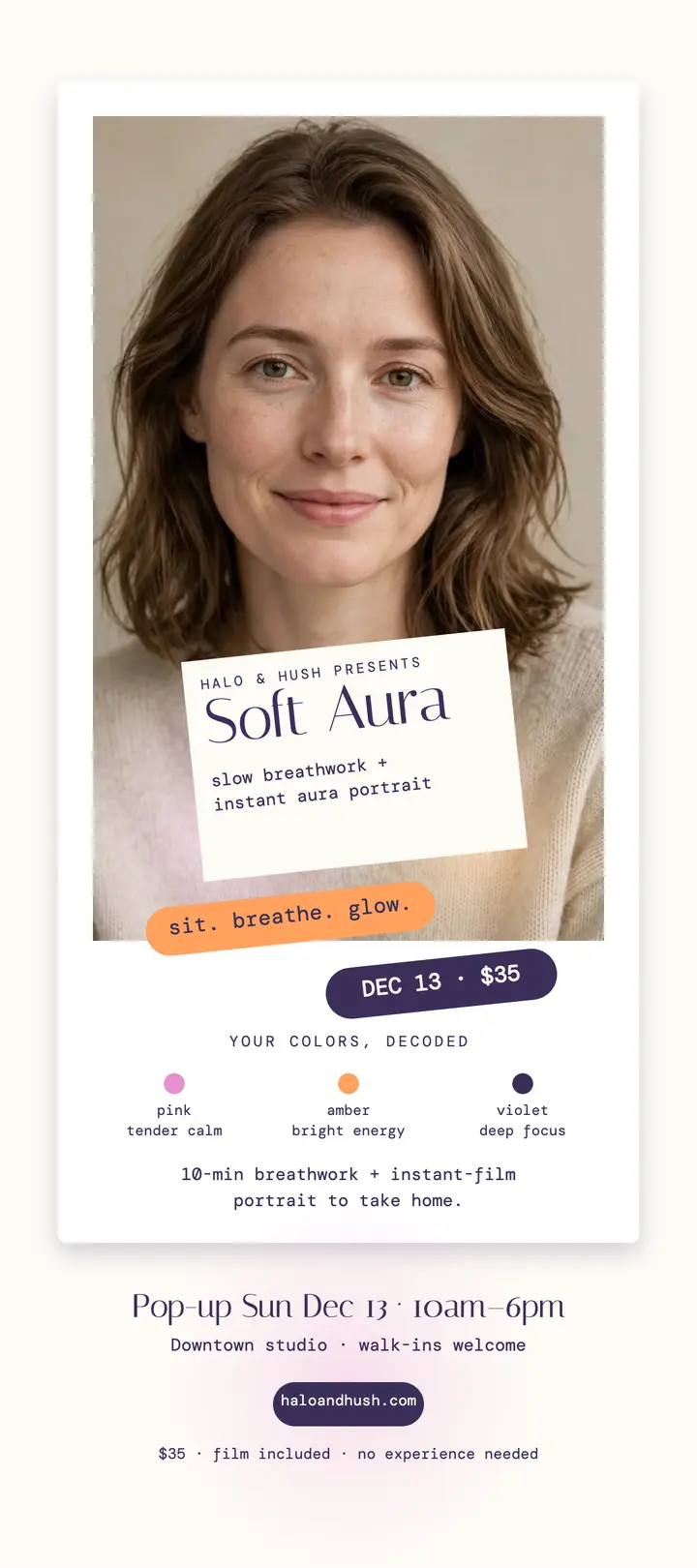 Halo and Hush aura portrait rack card: aura portrait rack card template