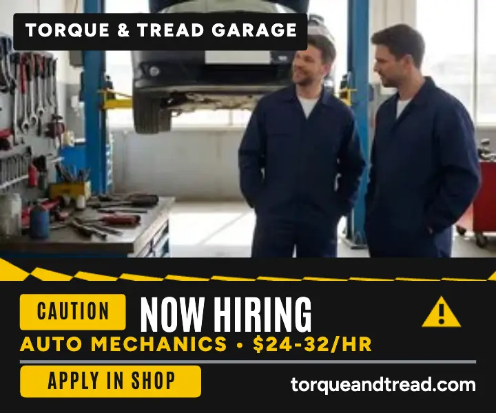 Torque and Tread mechanic hiring warning ad template