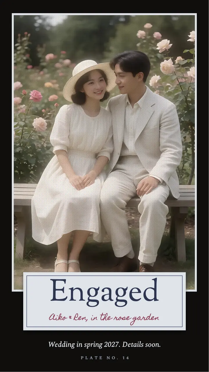 Aiko and Ren engaged: engagement announcement story template