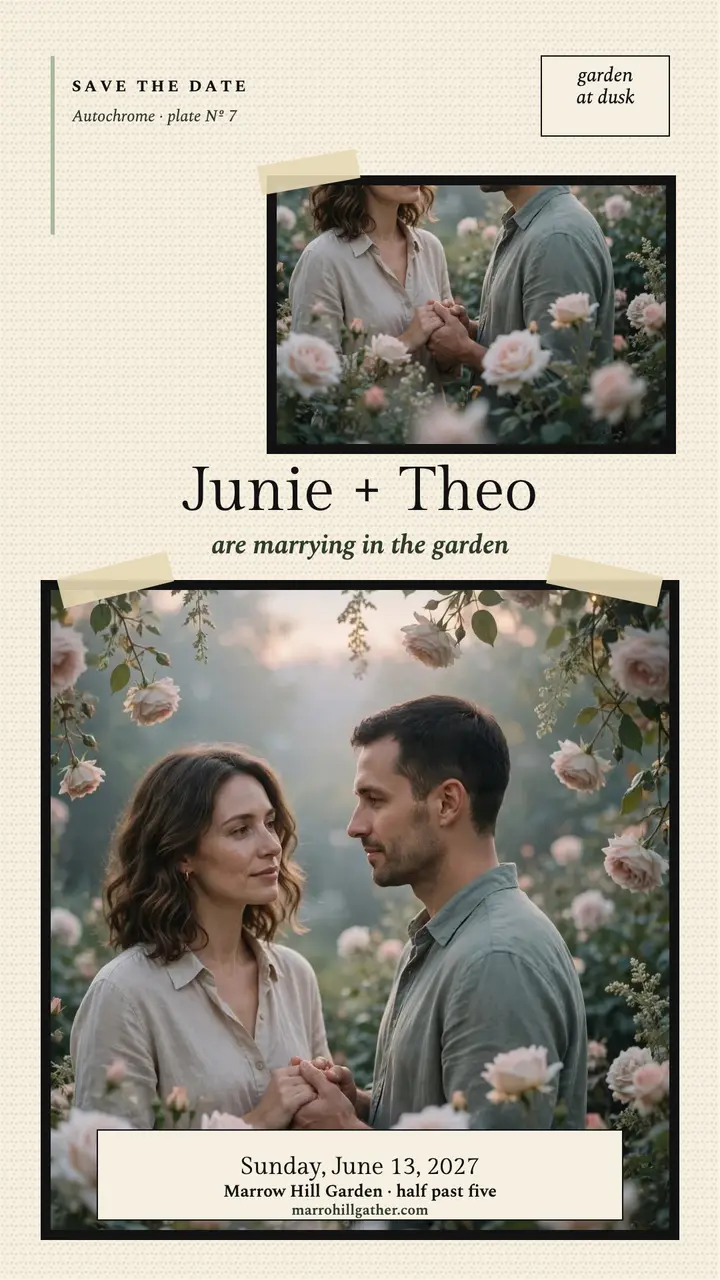 Junie and Theo garden save the date story template