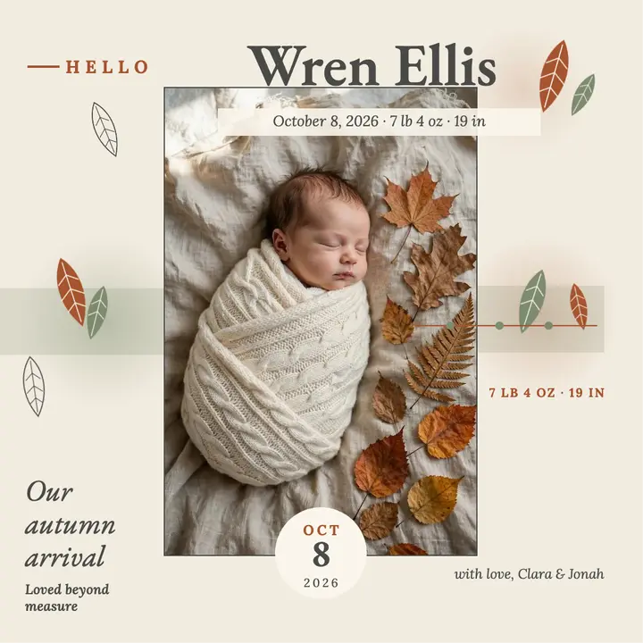 Autumn baby announcement eco print post template