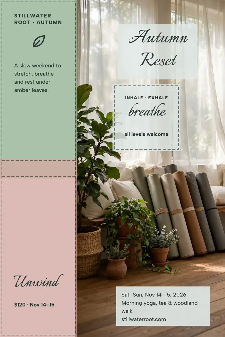 Stillwater Root autumn reset retreat poster template
