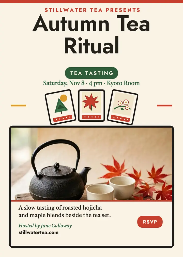 Stillwater autumn tea ritual invitation: tea tasting invitation template