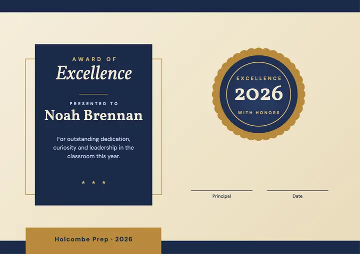 Navy and parchment award of excellence certificate template