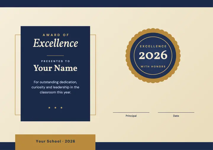 Navy and parchment award of excellence certificate template