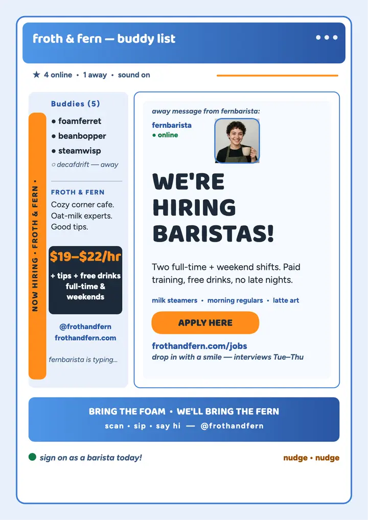 Froth & Fern barista hiring messenger flyer template